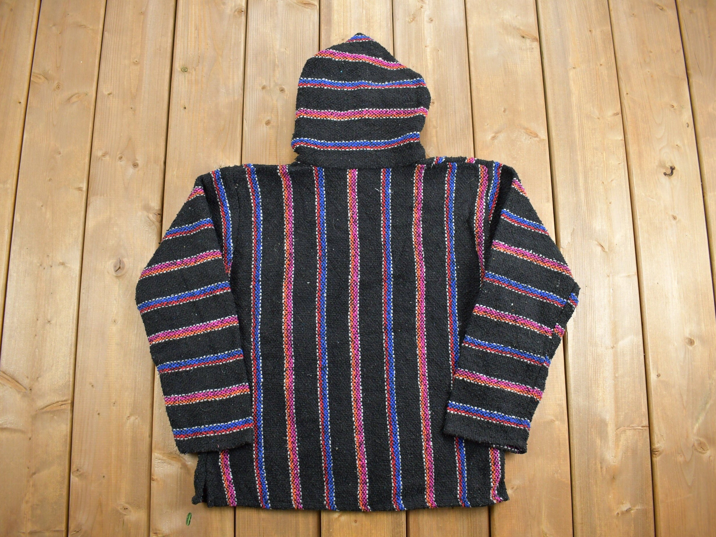 Vintage 1990s Veracruz Hooded Pullover Striped Knit Poncho Blanket Hoodie