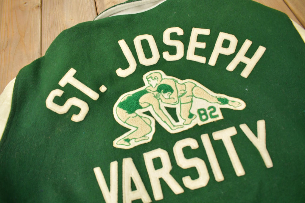 Vintage 1990s St Josephs Varsity Wrestling Leather & Wool Varsity Jacket Made In USA Size 44