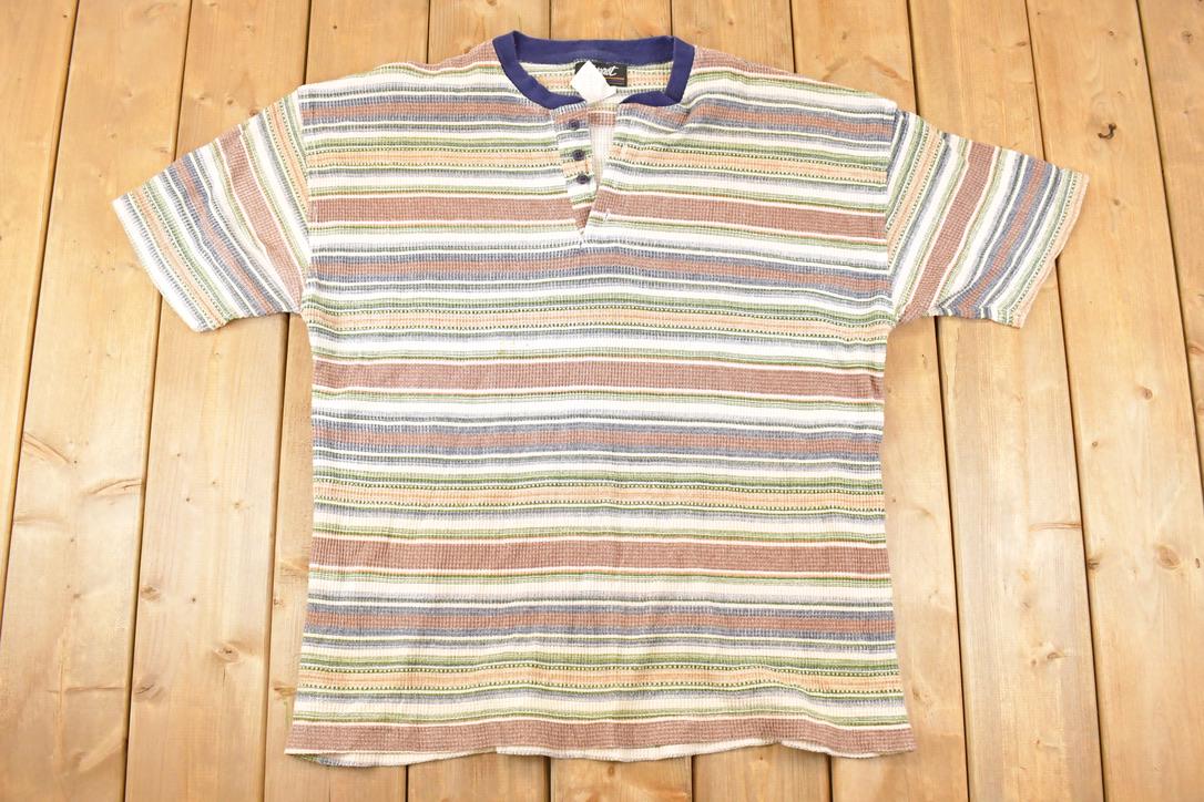 Vintage 1990s Impact Knit Striped Souvenir Travel T-Shirt Men's XL