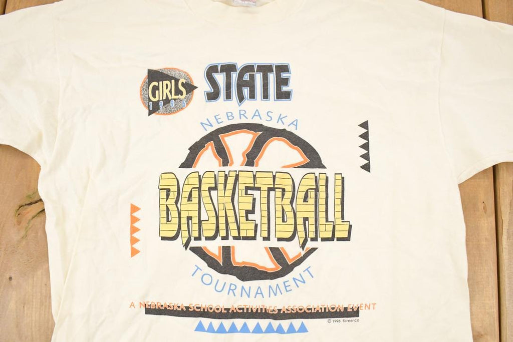 Vintage 1996 Nebraska State Girls Basketball Graphic Print Souvenir T-Shirt Men's L