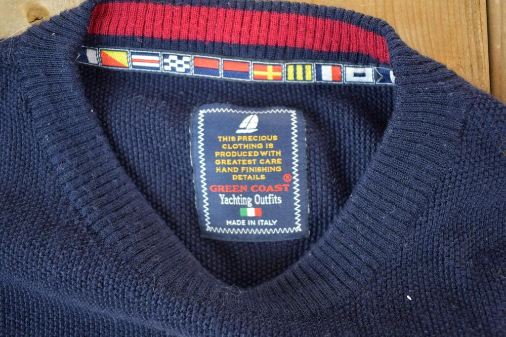 Vintage 1990s Green Coast Yachting Outfits Knit Striped Nautical Crewneck Sweater Made In Italy
