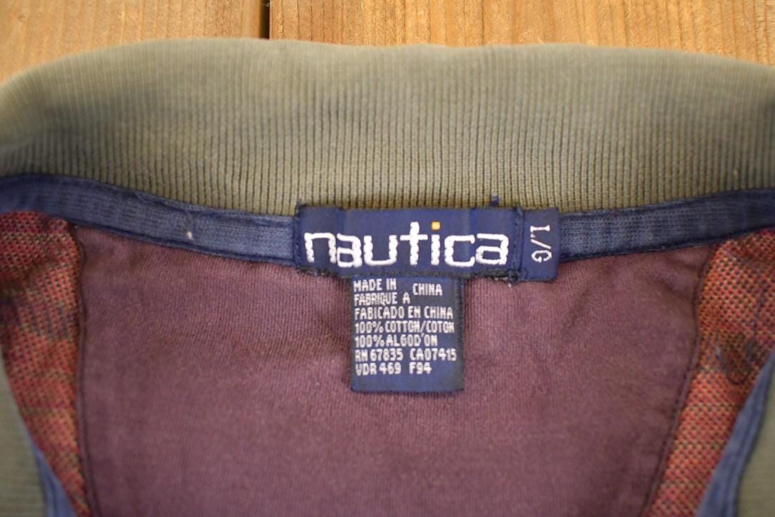 Vintage 1990s Nautica Plaid Souvenir Quarter Button Sweatshirt Mens L / 90s Crewneck / Travel Vacation Sweater / Streetwear
