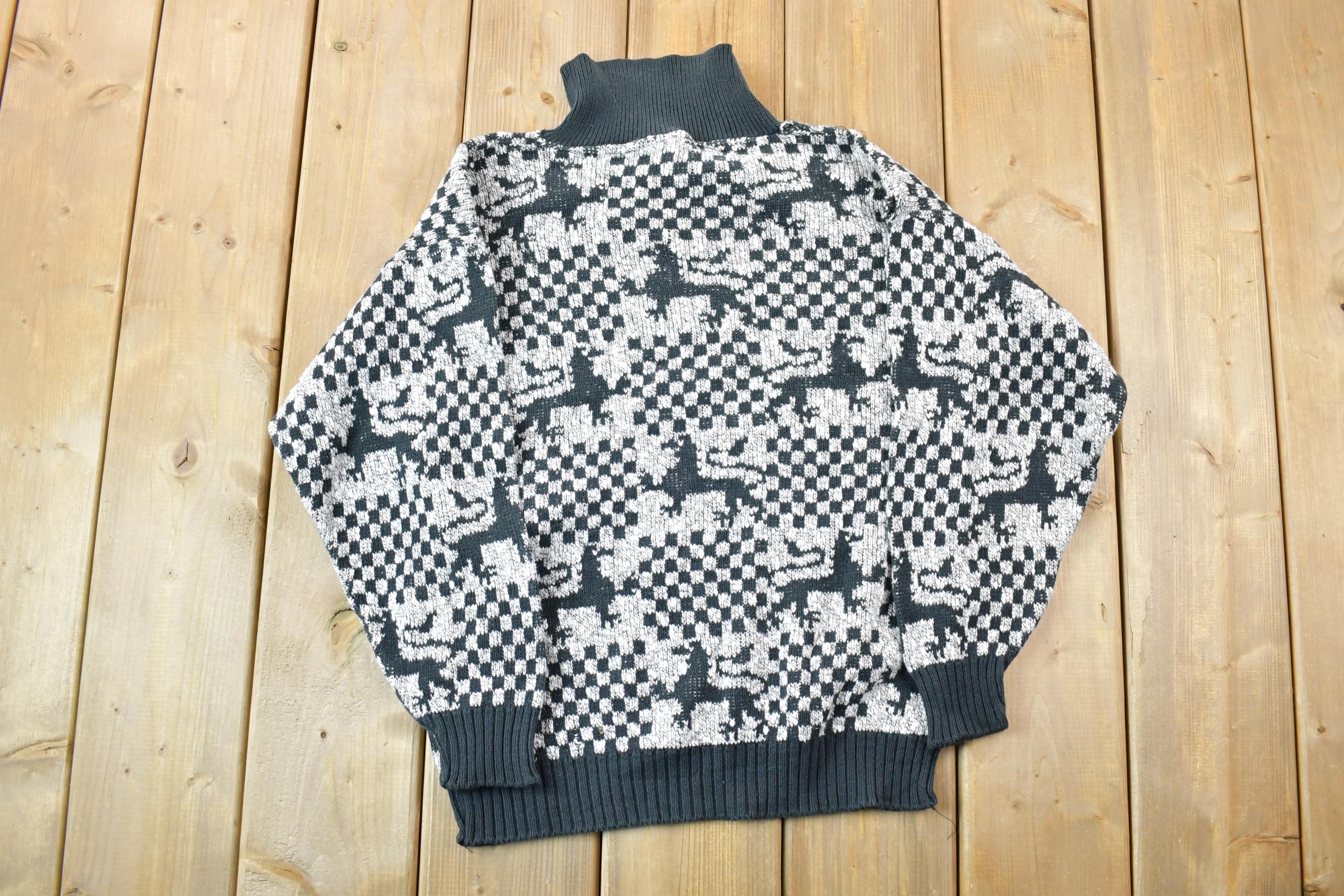 Vintage 1990s Dragon Pattern Knit Collared Sweater  90s Crewneck  Made In USA  Preppy Knit