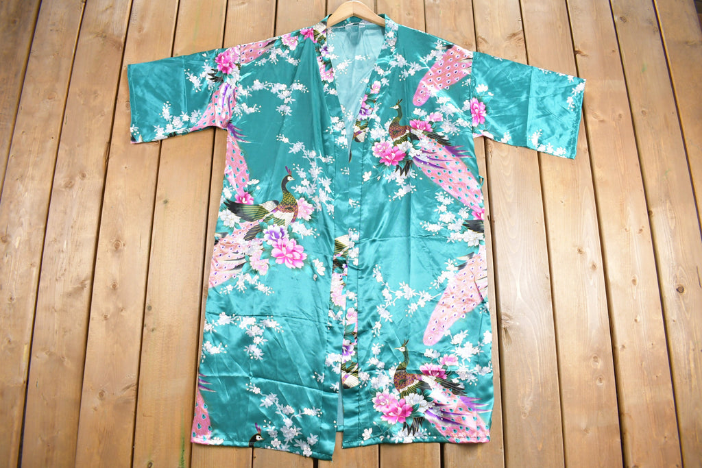 Vintage Japanese Peacock Print Silk Kimono Robe