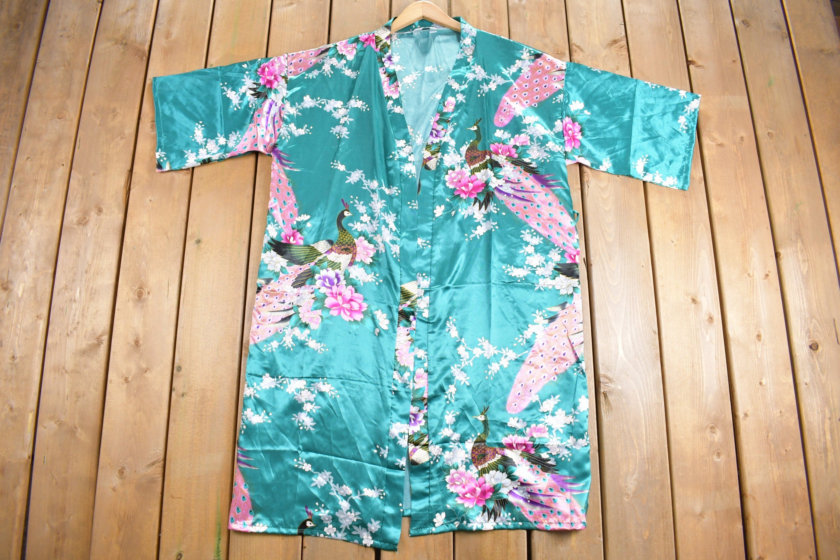 Vintage Japanese Peacock Print Silk Kimono Robe