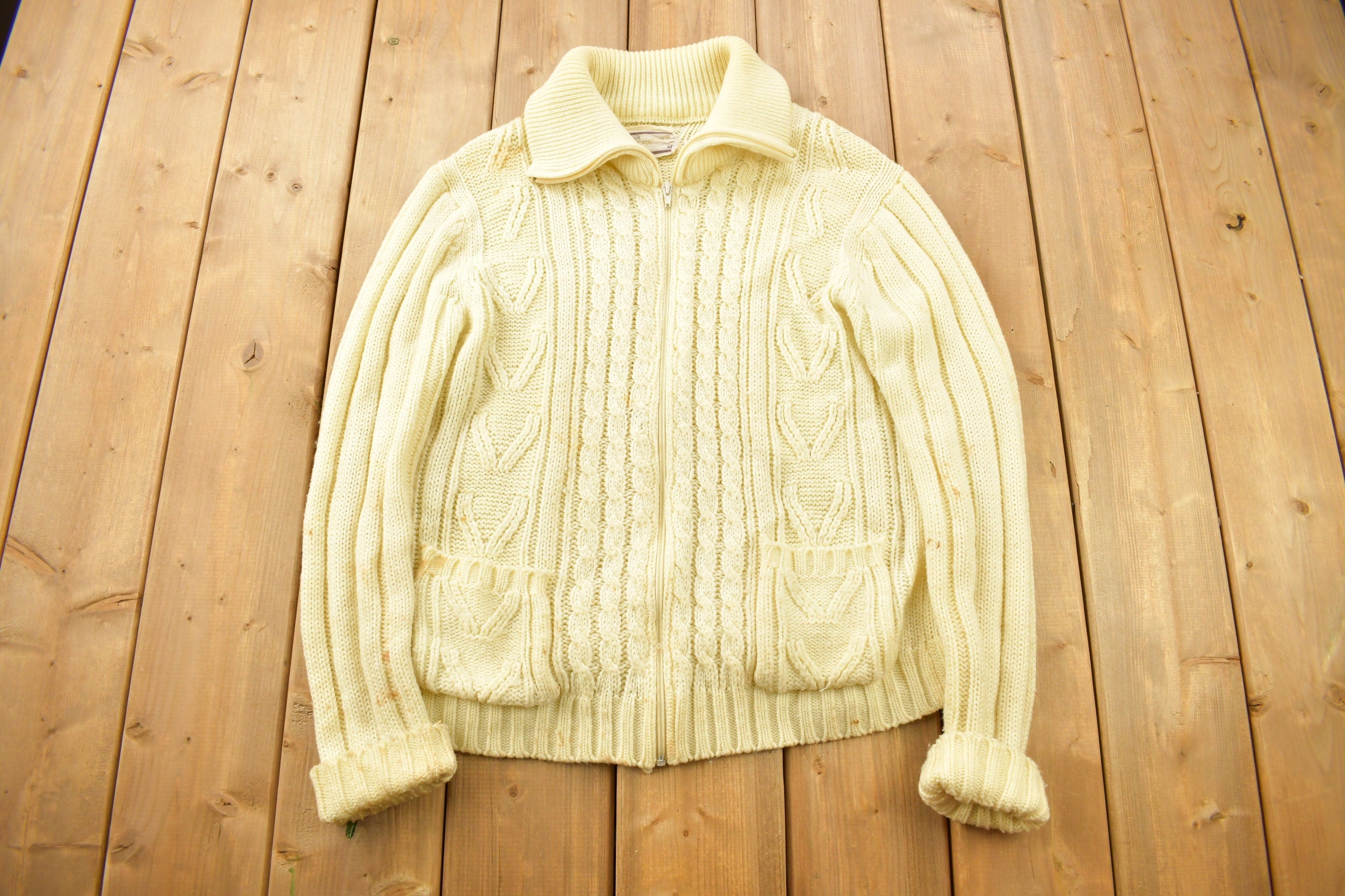Vintage 1970s Sears Men's Sportswear 3D Cable Knit Cardigan Sweater