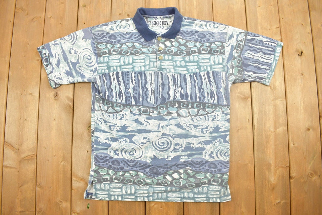 Vintage 1990s Bugle Boy Beach All Over Print Collared Polo Shirt