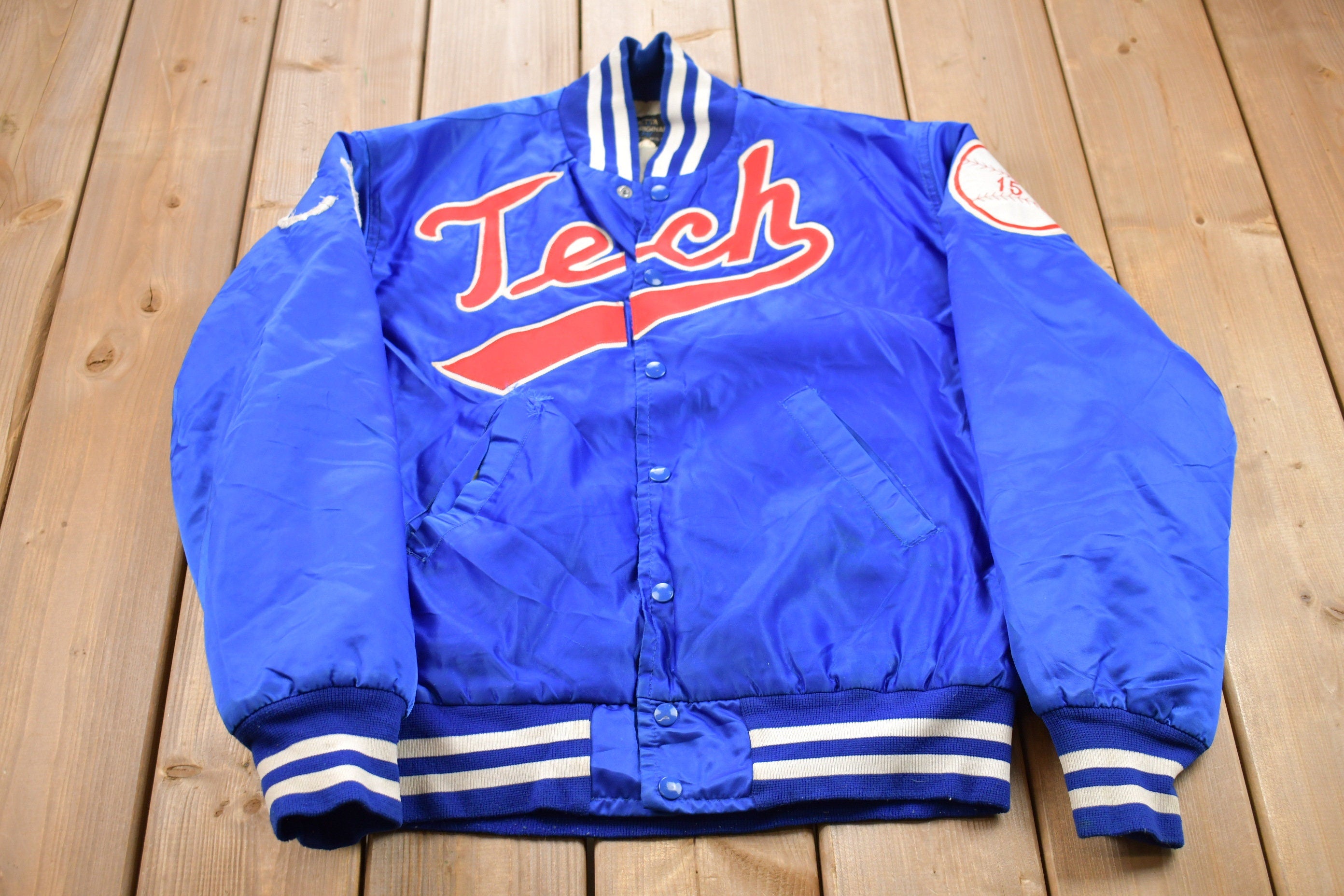 Vintage 1980s Tech Baseball Embroidered Satin Bomber Jacket