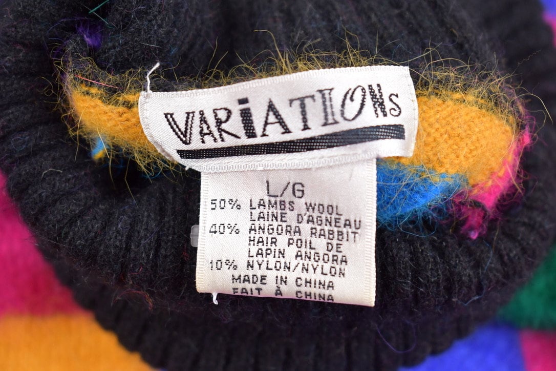 Vintage 1980s Variations Rainbow Checker Knit Sweater / 80s Turtle Neck / Lambs Wool / Angora Rabbit / Sweatshirt / 80s Fuzzy Knit Sweater