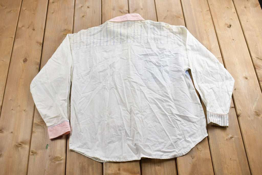Vintage 1990s Together Floral Theme Striped Button Up Shirt  1990s Button Up  Vintage Button Up  Basic Button Up  Pastel Button Up