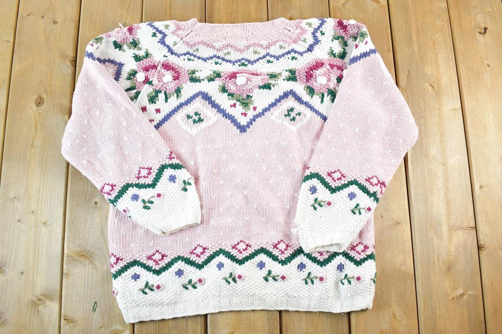 Vintage 1990s Willow Ridge Knitted By Hand Floral Pattern Crewneck Sweater Womens S