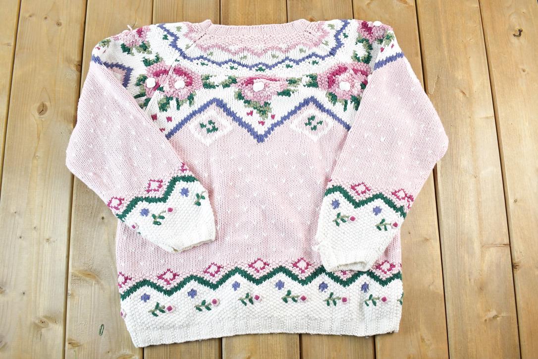 Vintage 1990s Willow Ridge Knitted By Hand Floral Pattern Crewneck Sweater Womens S