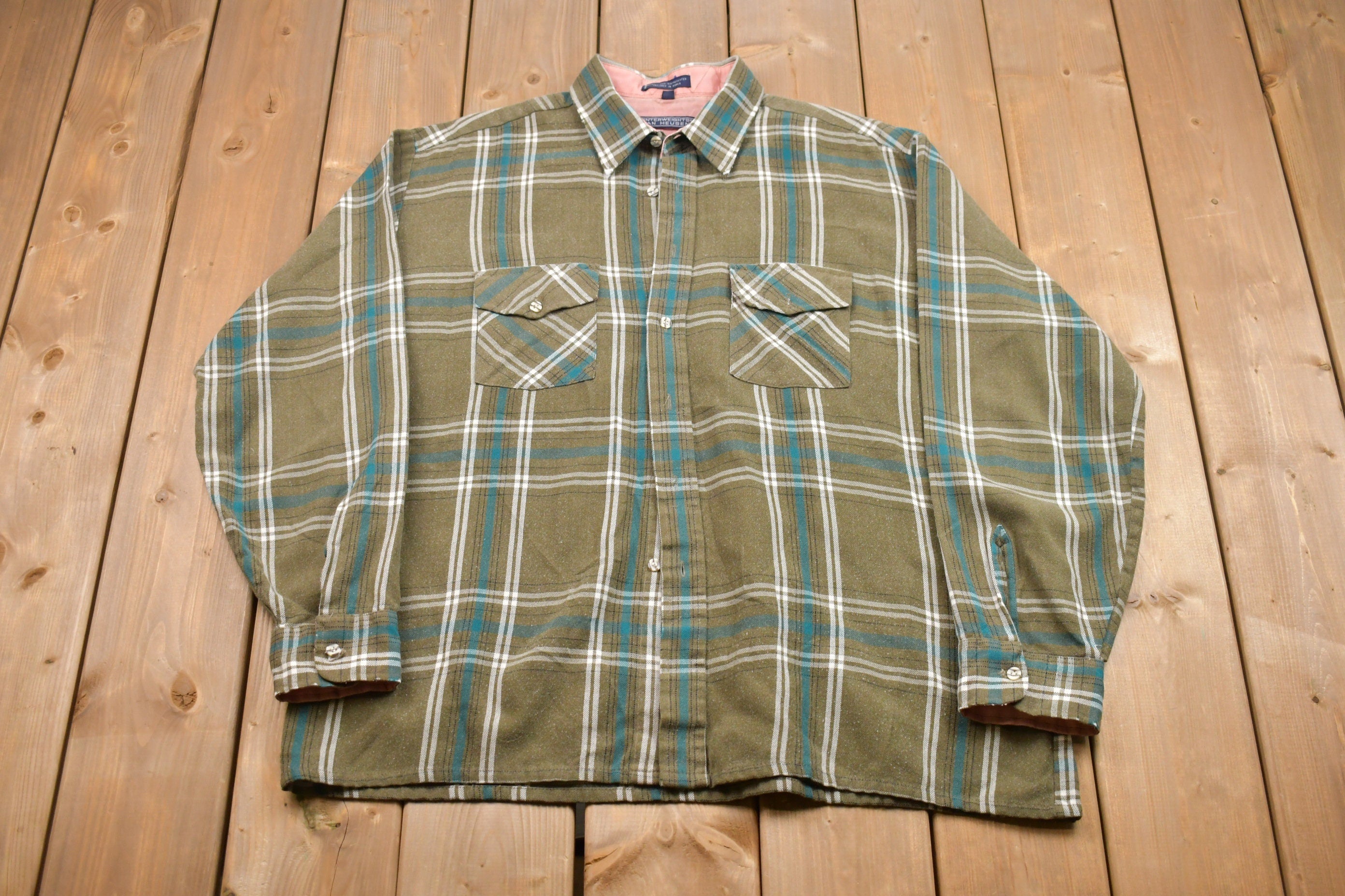 Vintage 1990s Van Heusen Lined Plaid Button Up Shirt