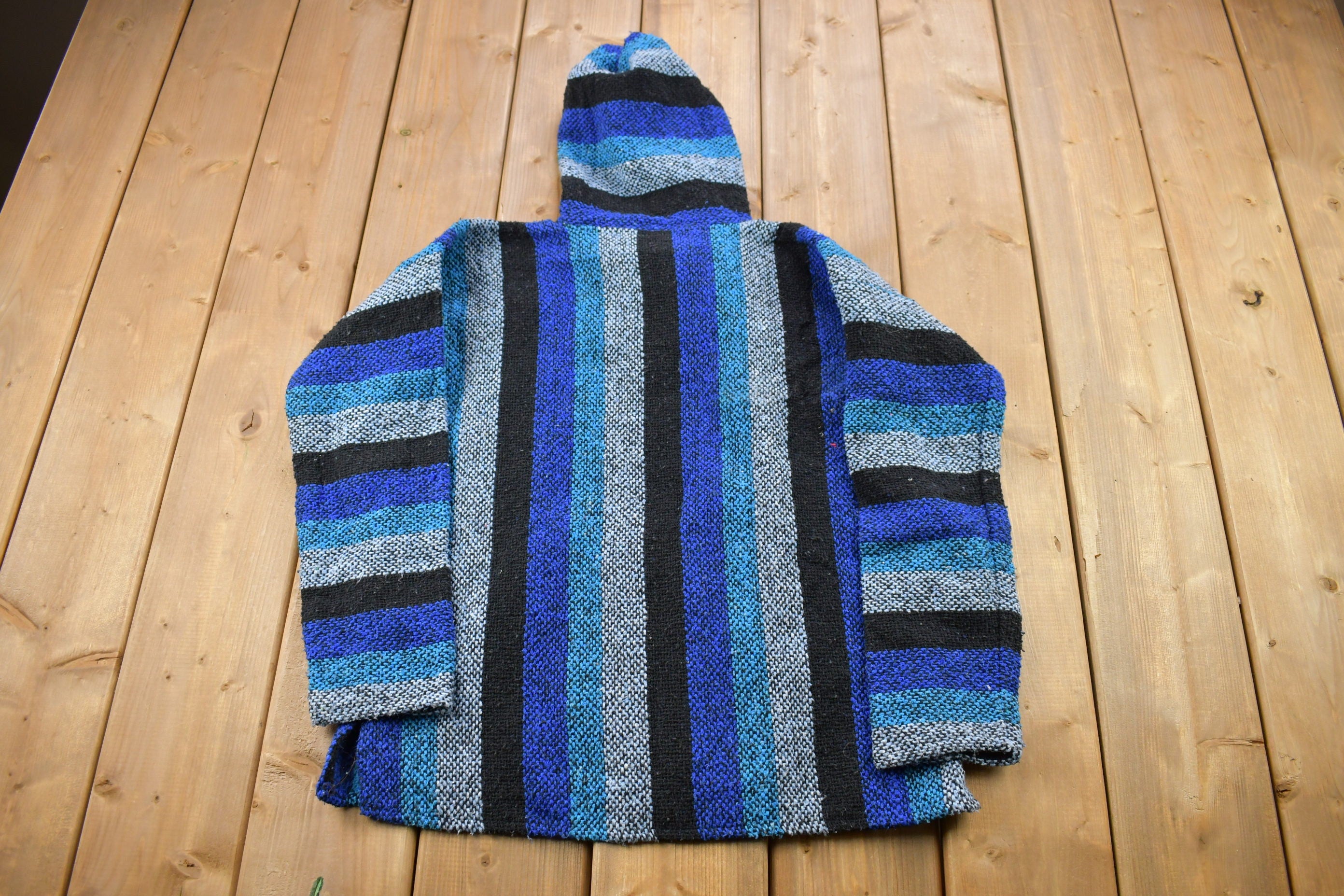 Vintage 1990s Art-Maz Hooded Pullover Striped Knit Poncho Blanket Hoodie