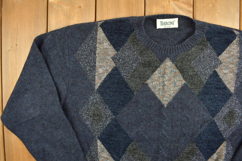 Vintage 1990s Baroni Knitted Argyle Crewneck Sweater