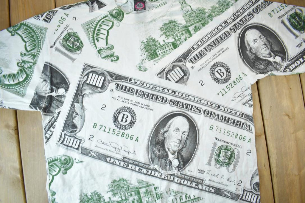 Vintage 1991 100 Dollar Bill All Over Print Graphic T Shirt