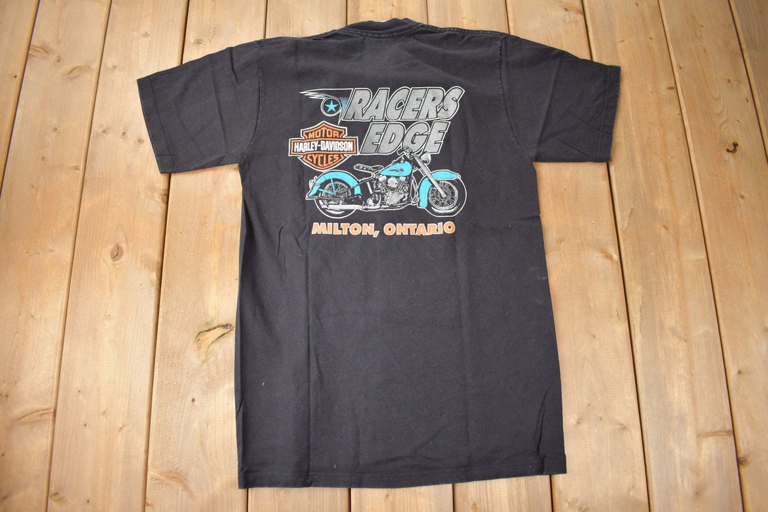 Vintage 1990s Racers Edge Harley Davidson Milton Ontario Graphic T-Shirt Made In Canada