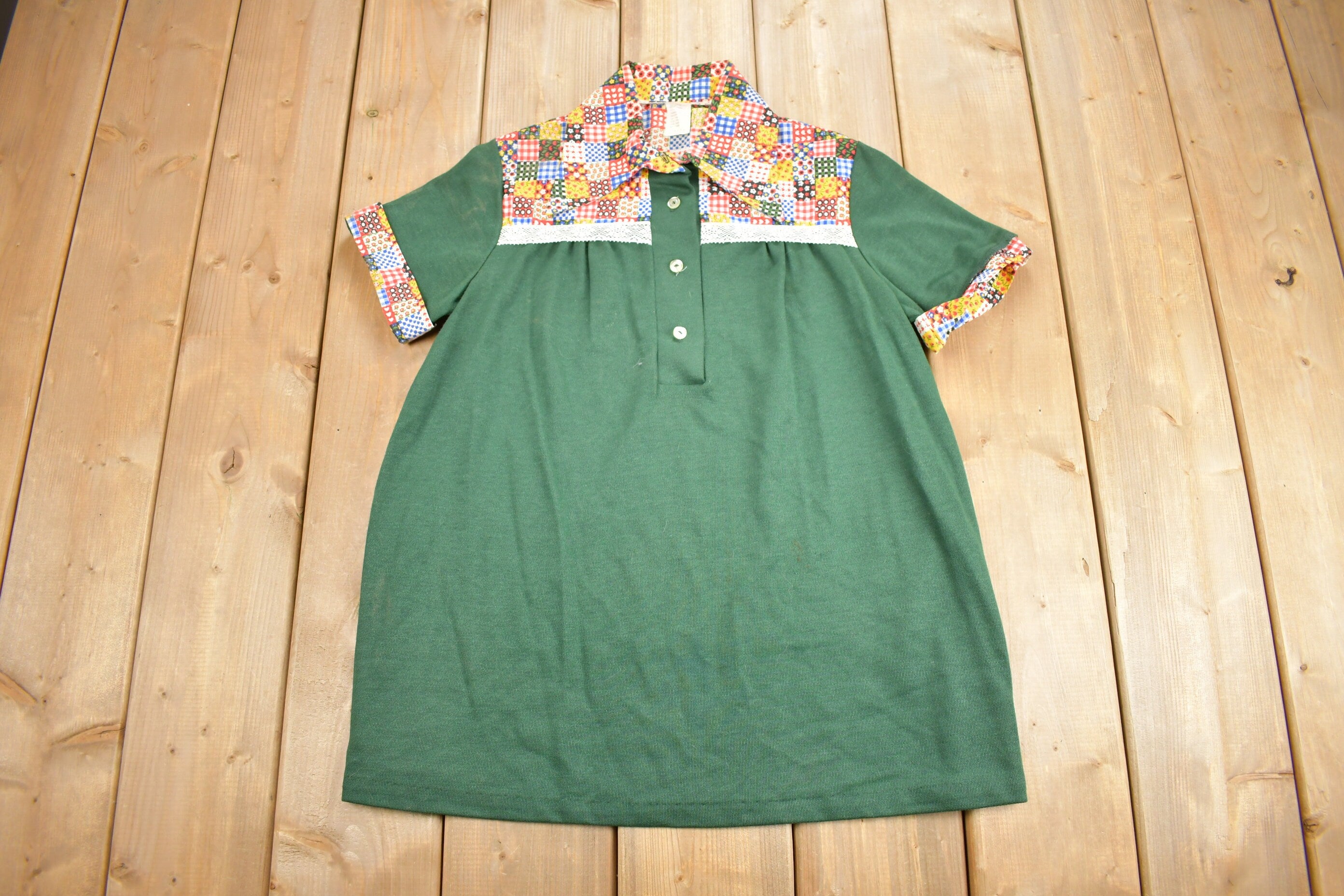 Vintage 1960s Patchwork Button Up Short Sleeve Polyester Shirt /