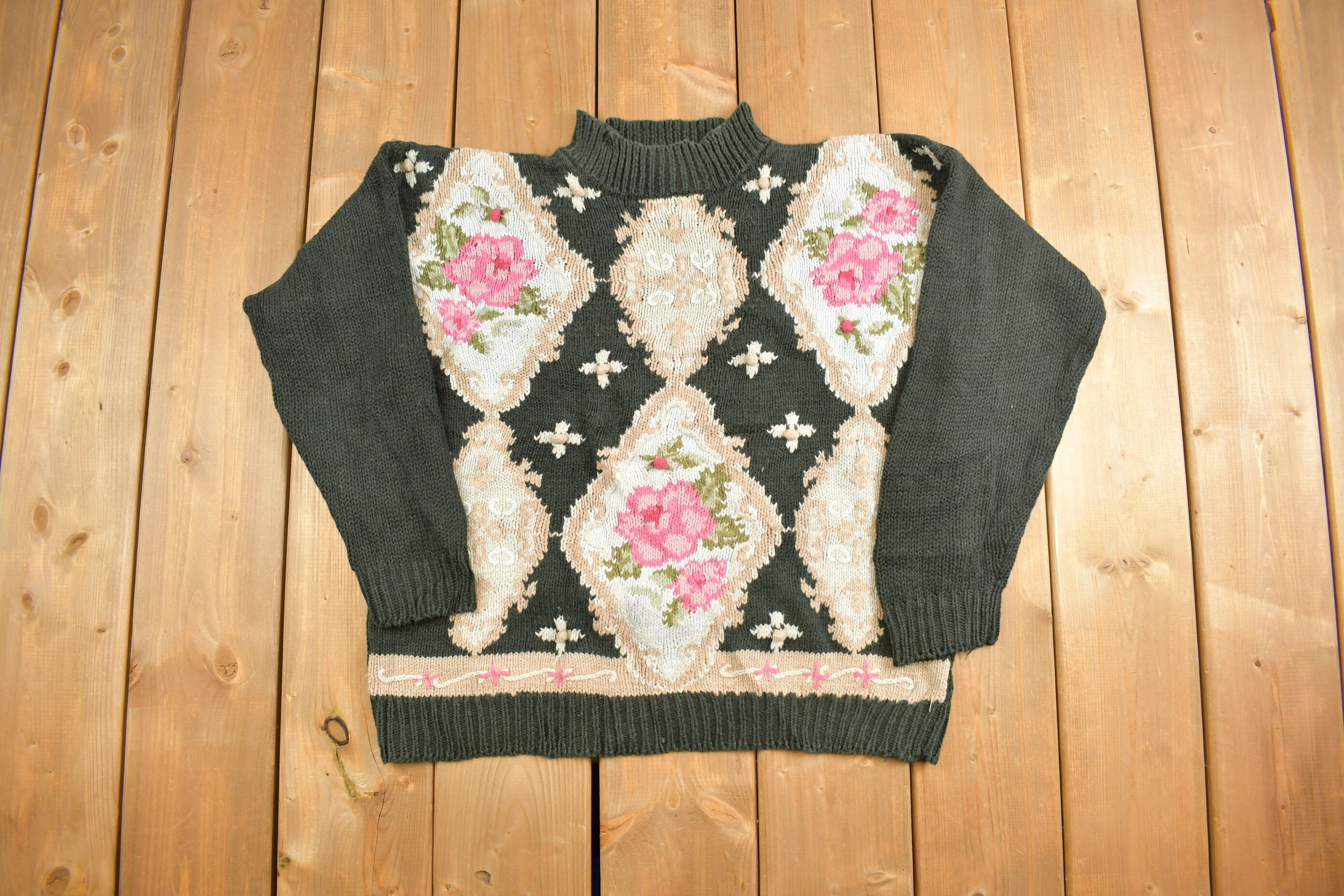 Vintage Beldoch Popper Floral Knit Mock Neck Sweater