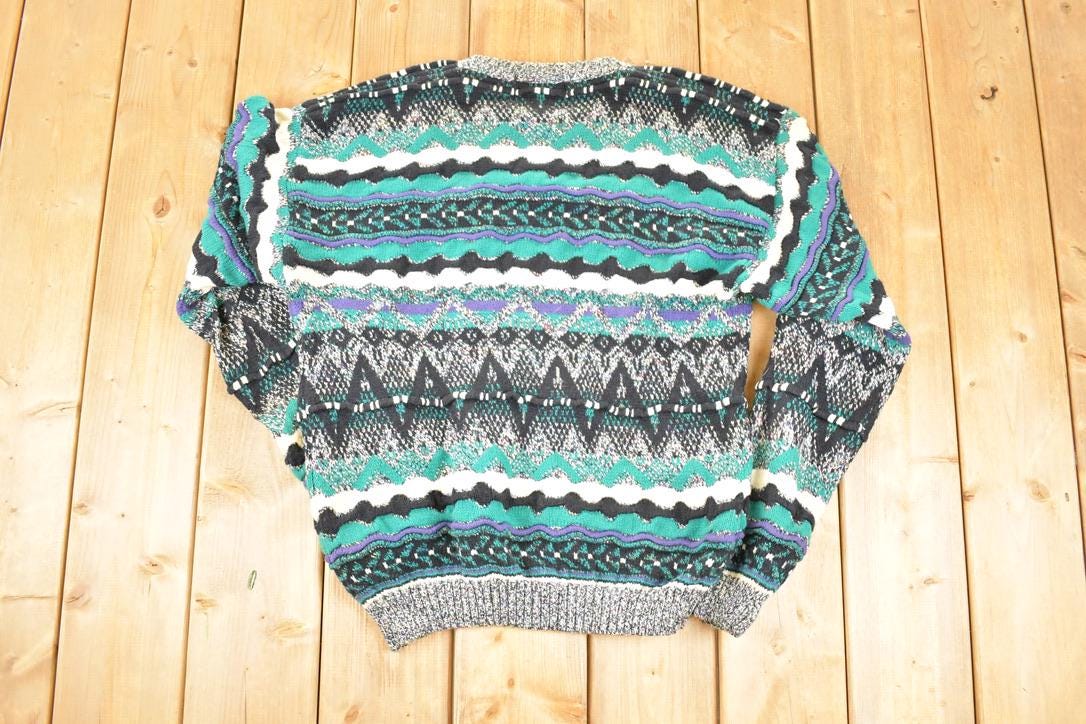 Vintage 1990s Concrete Abstract Striped Pattern Knit Crewneck Sweater Mens L