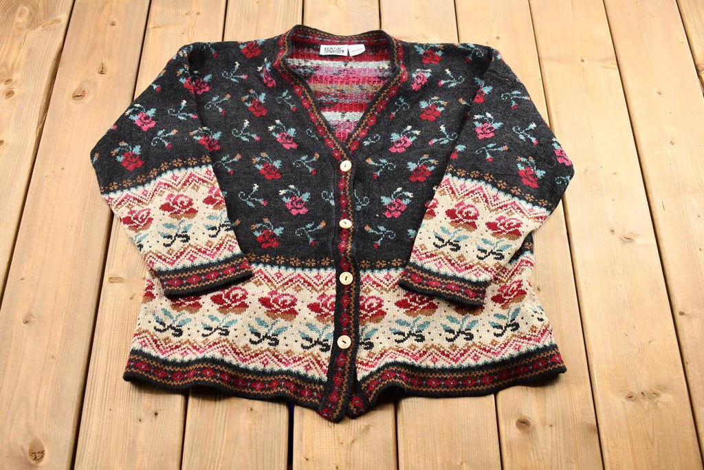 Vintage 1990s Basic Editions Women's Rose and Lily Pattern Knit Cardigan Sweater