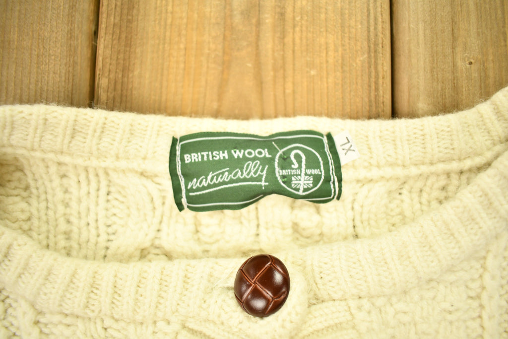 Vintage 1970s Naturally British Wool 3D Cable Knit Button Up Sweater