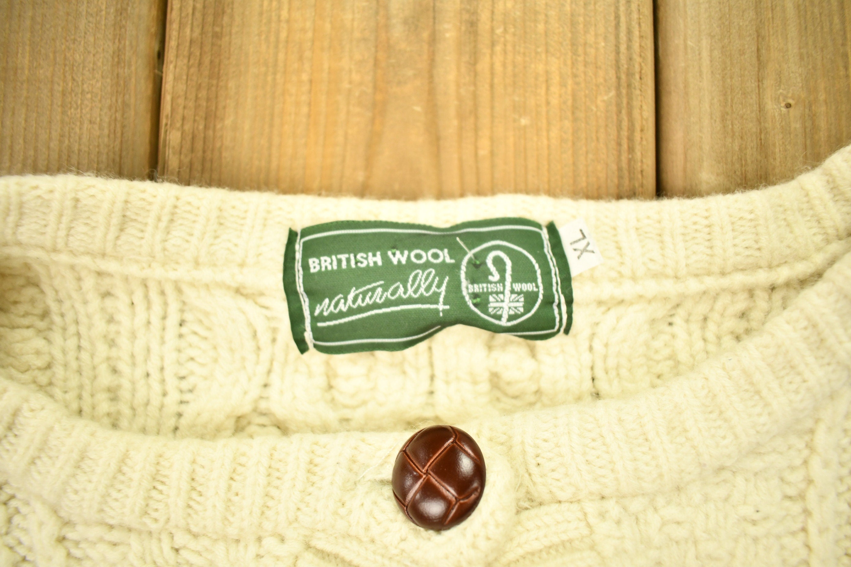 Vintage 1970s Naturally British Wool 3D Cable Knit Button Up Sweater