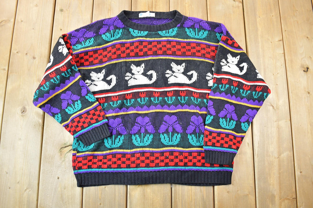 Vintage 1990s rose Embroidered Cat Pattern Knit Crewneck Sweater
