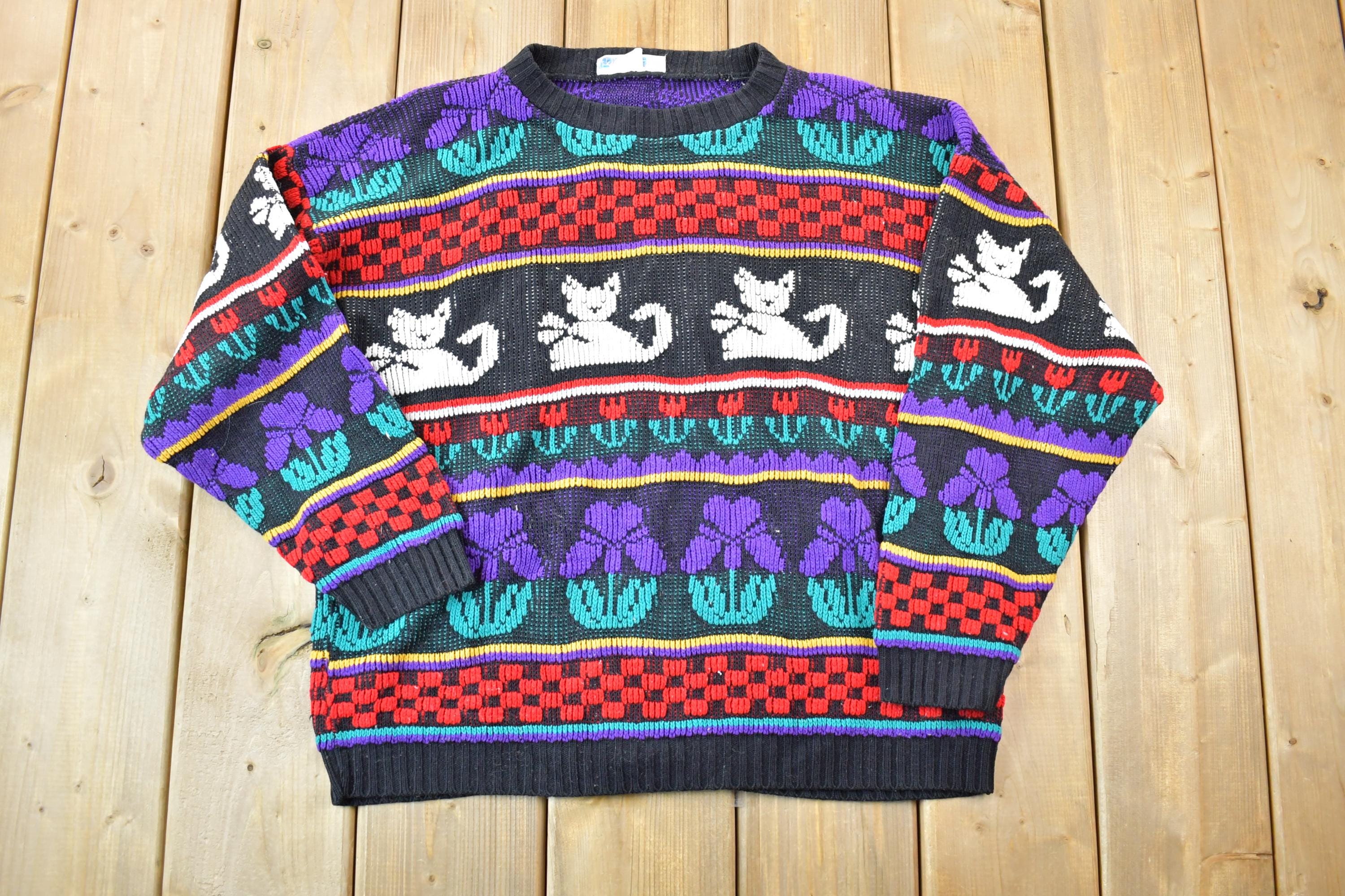 Vintage 1990s rose Embroidered Cat Pattern Knit Crewneck Sweater