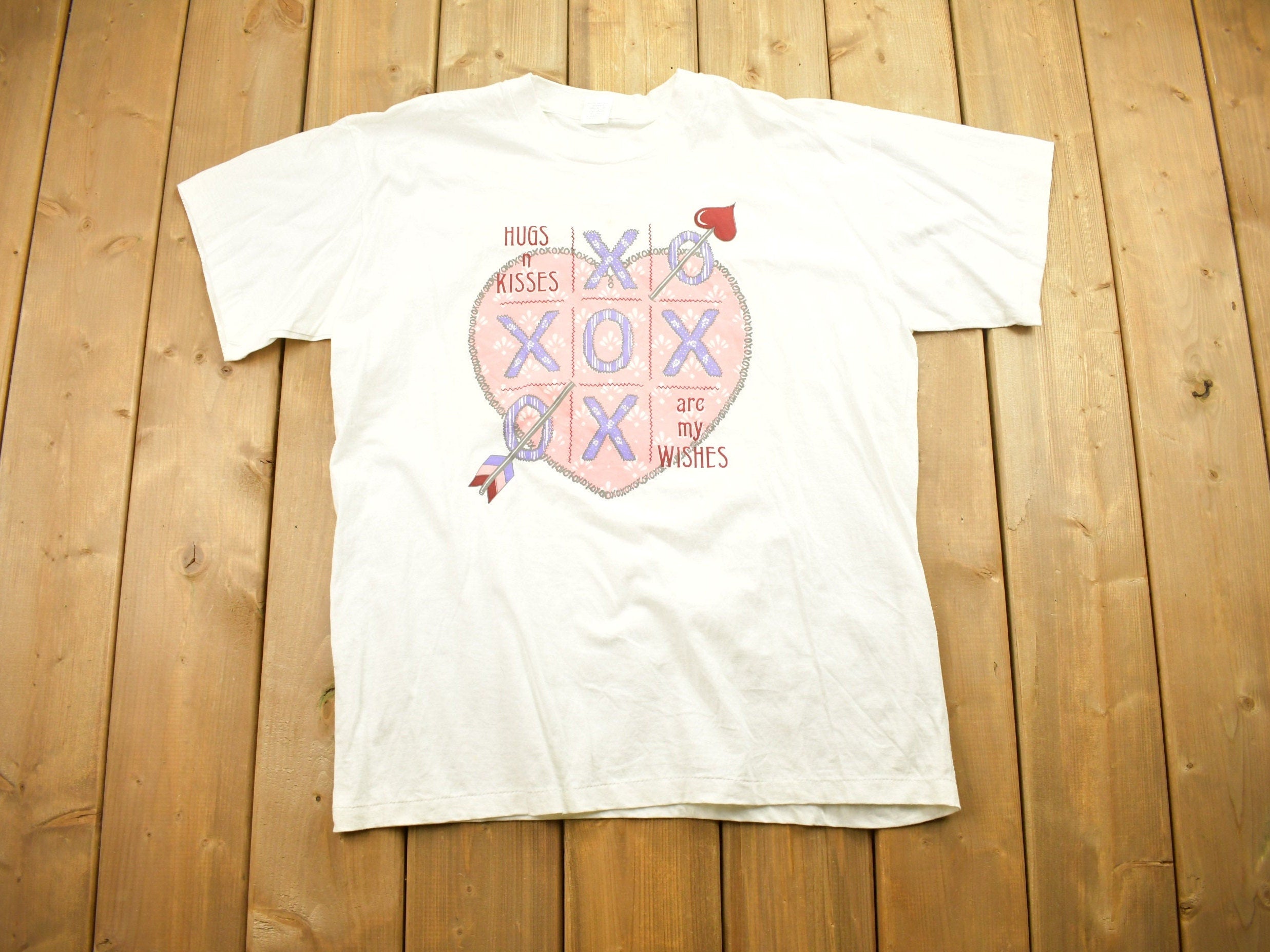 Vintage 1990s Heart Graphic Hugs And Kisses Are My Wishes T Shirt