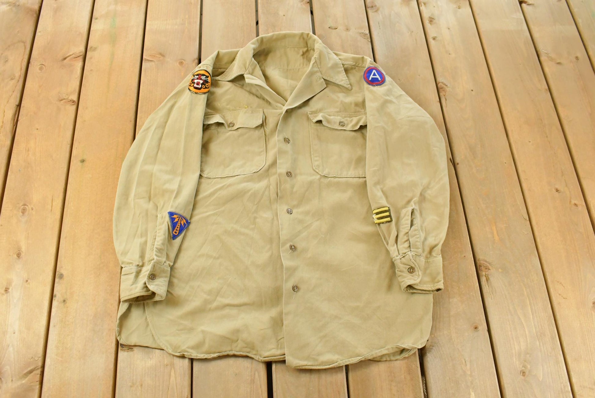 Vintage 1940s WW2 Tank Destroyer Unit Button Up Officer Shirt Men's Medium
