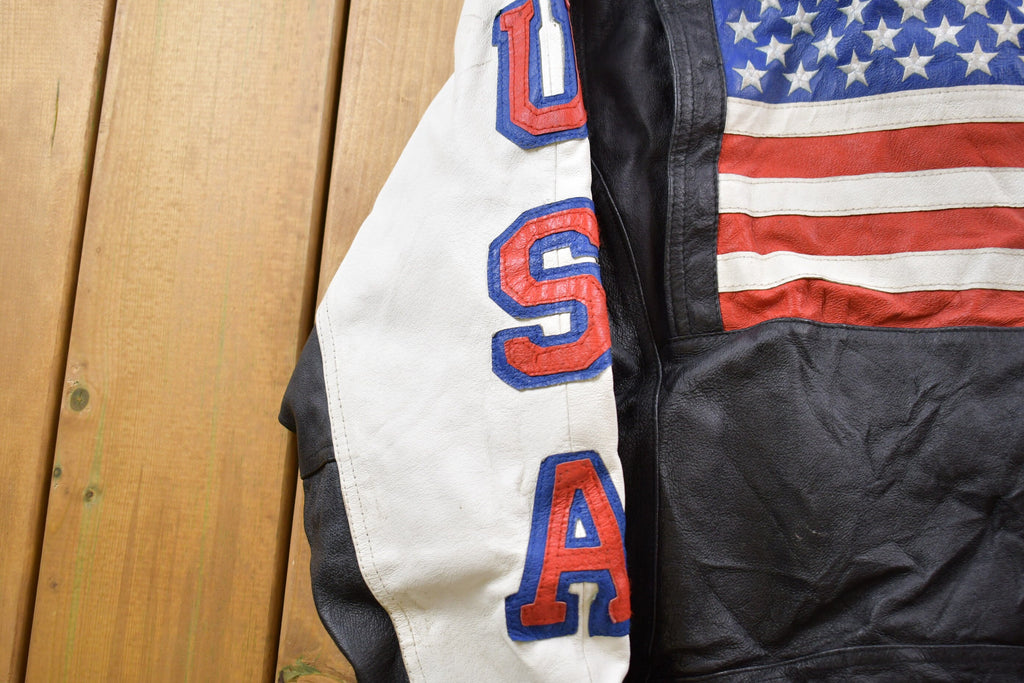 Vintage 1990s Michael Hoban USA American Flag Leather Biker Jacket