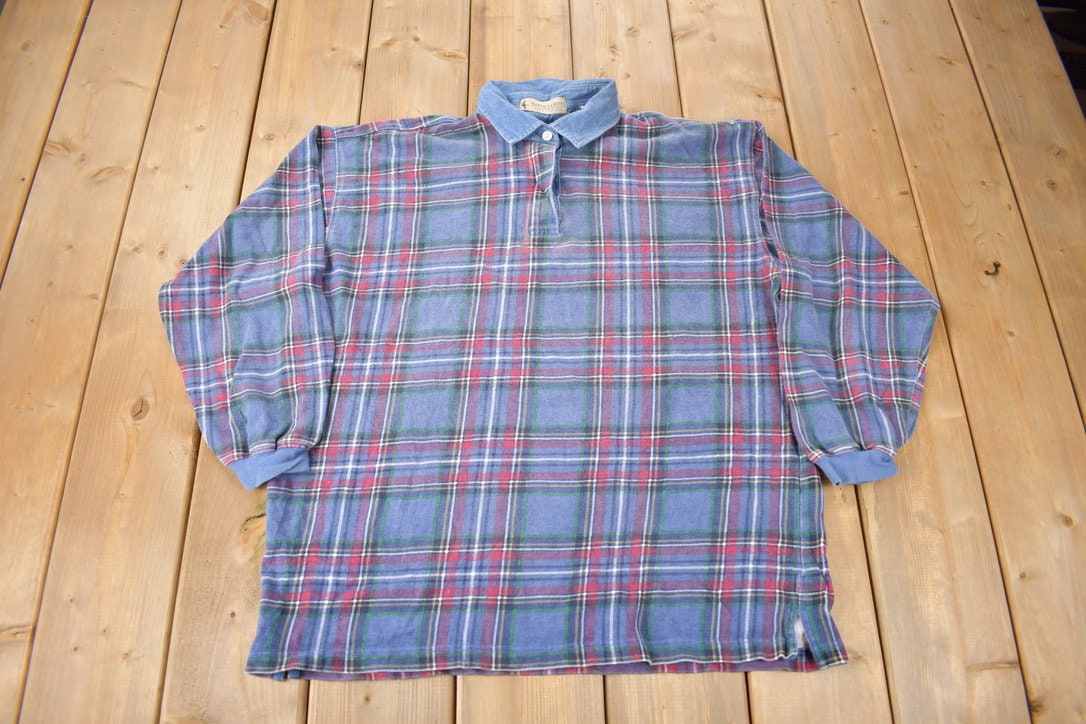 Vintage 1990s Marsh Landing Quarter Button Plaid Collared Crewneck Sweatshirt Size M