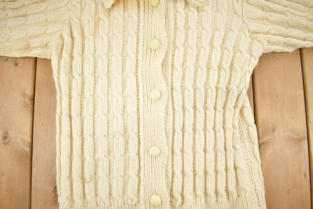 Vintage 1980s Blank 100% Wool Cable Knit Cardigan Sweater