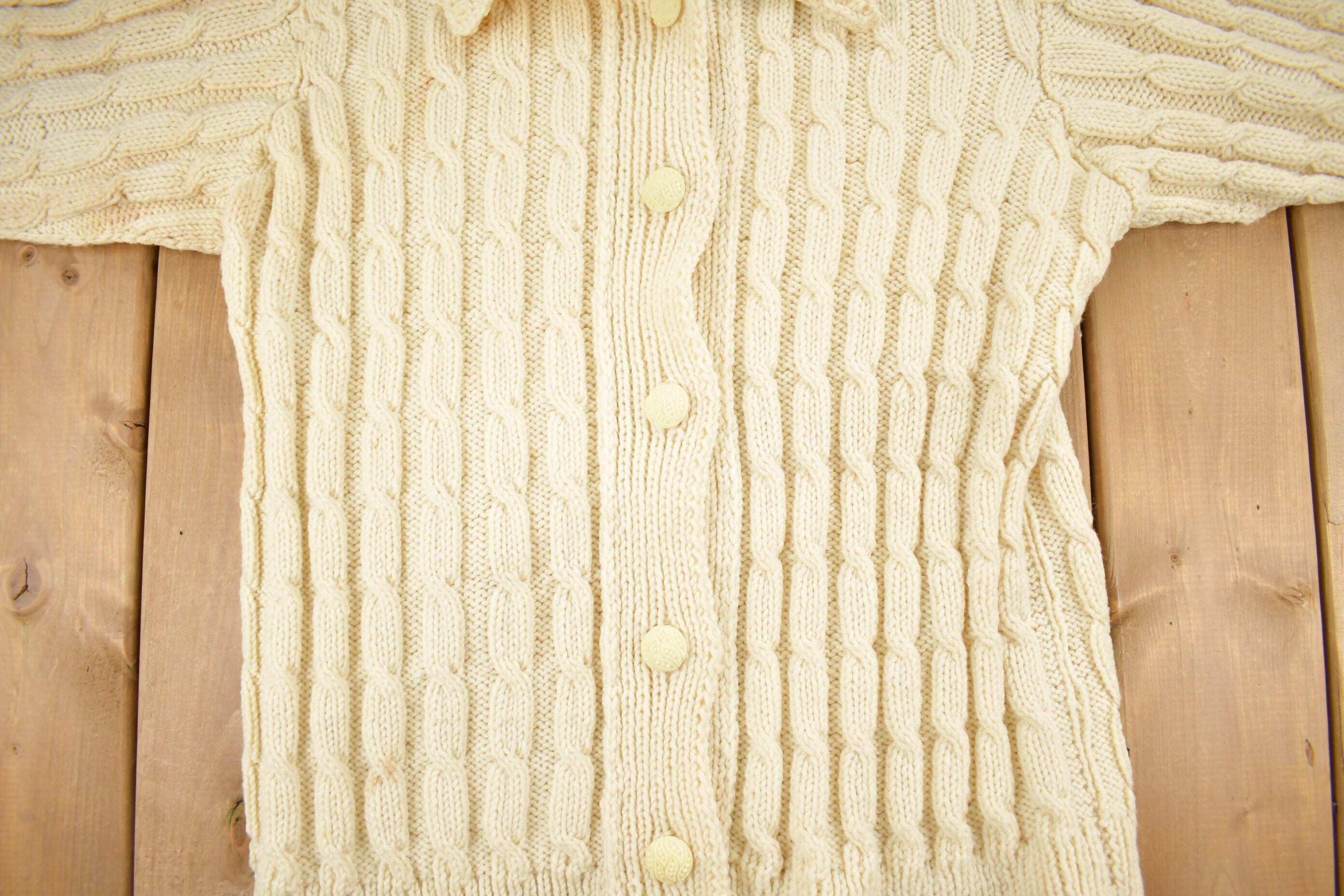 Vintage 1980s Blank 100% Wool Cable Knit Cardigan Sweater