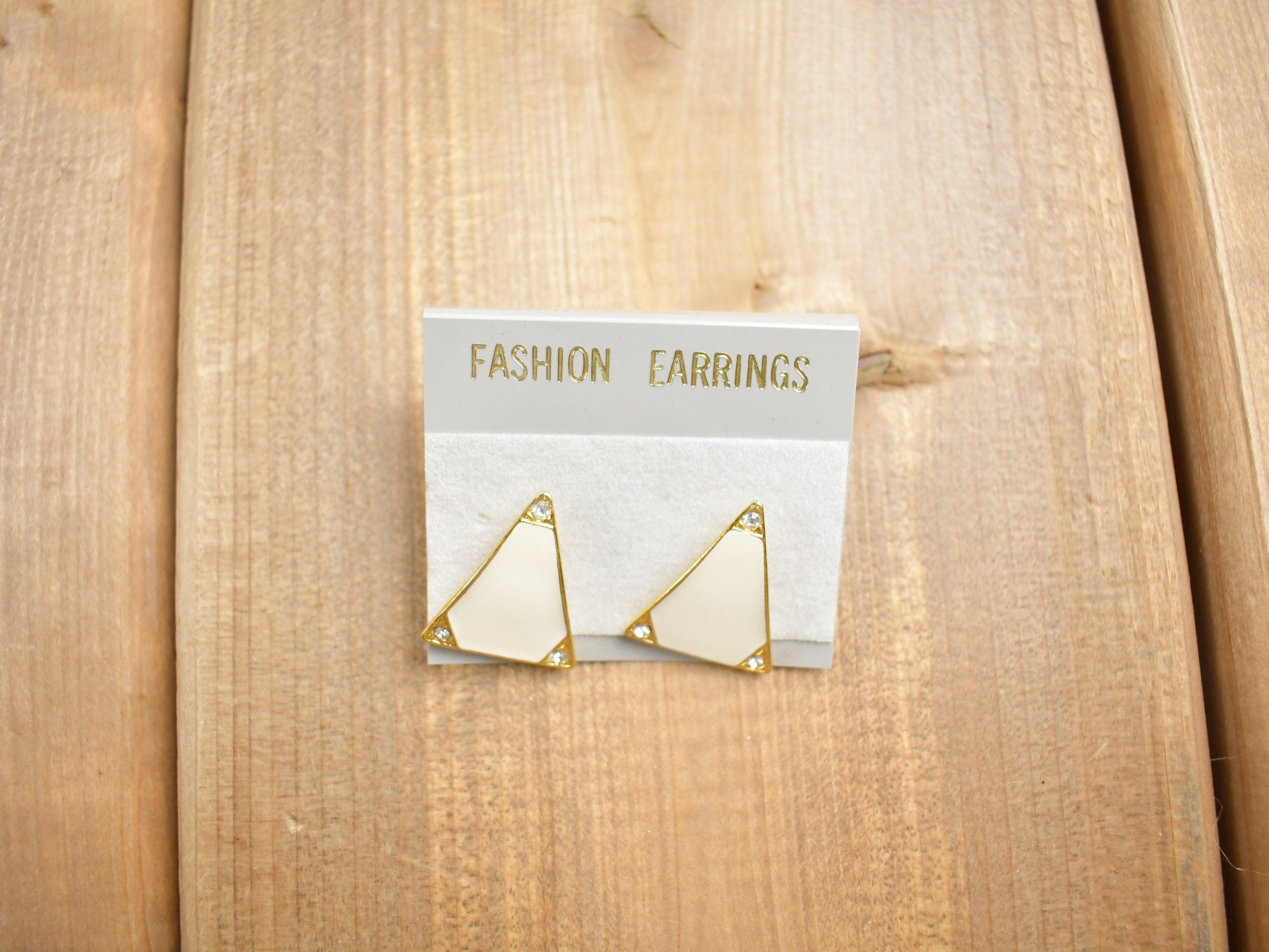 Vintage 1980s Triangular White & Gold Earrings
