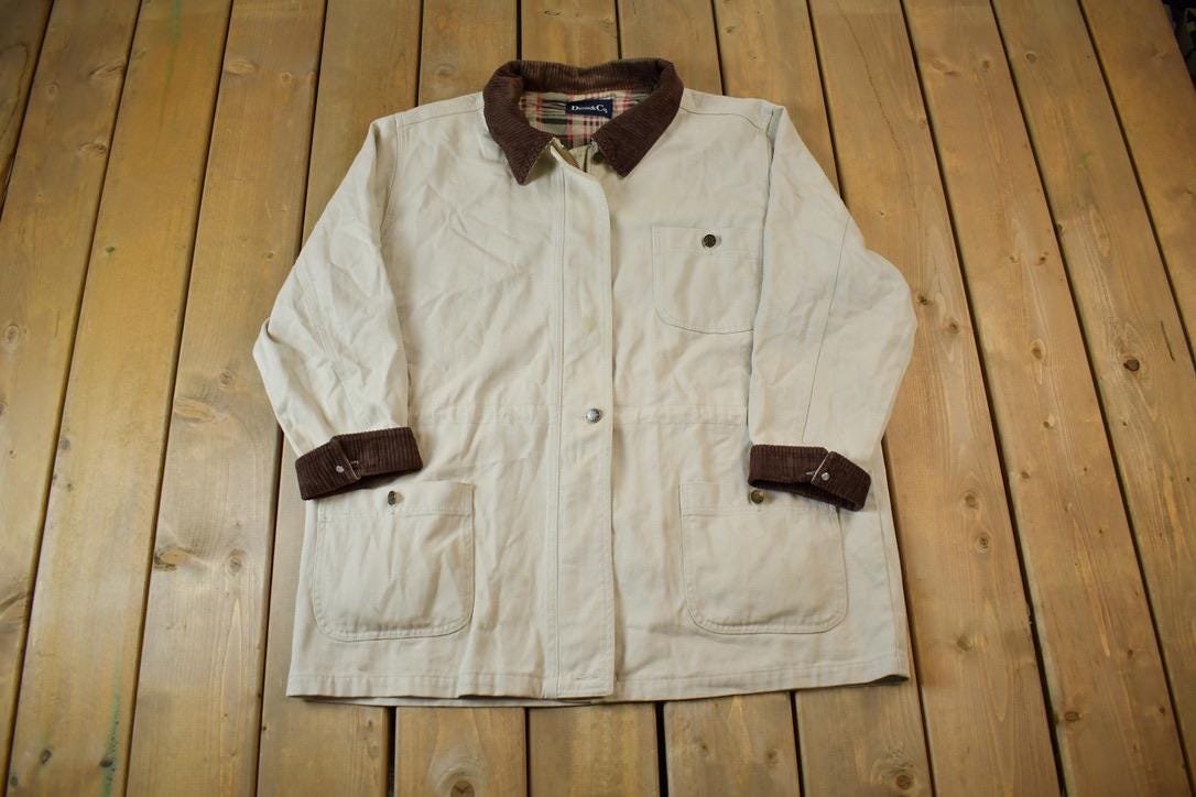Vintage 1990s Denim&Co White Denim Lined Chore Coat Corduroy Collar