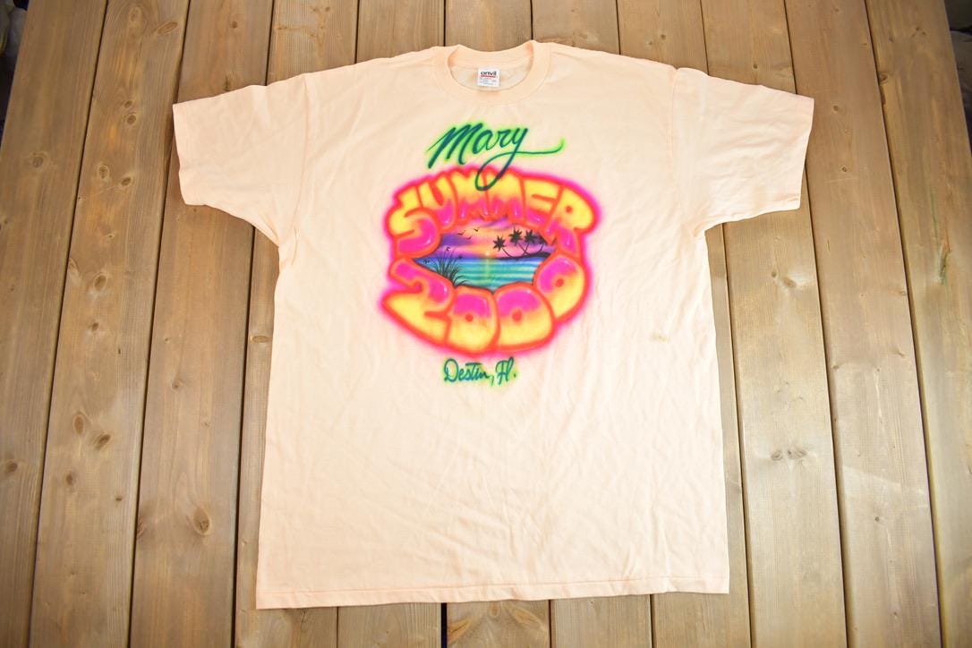 Vintage Y2k Summer 2000 Neon Beach Air Brushed T Shirt / Made In USA Destin Florida Vacation Tee