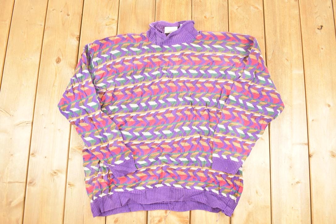 Vintage 1990s Essential Elements Knit Abstract Pattern Crewneck Sweater Women's XL  90s Knitted Sweatshirt  Vintage Preppy Knits