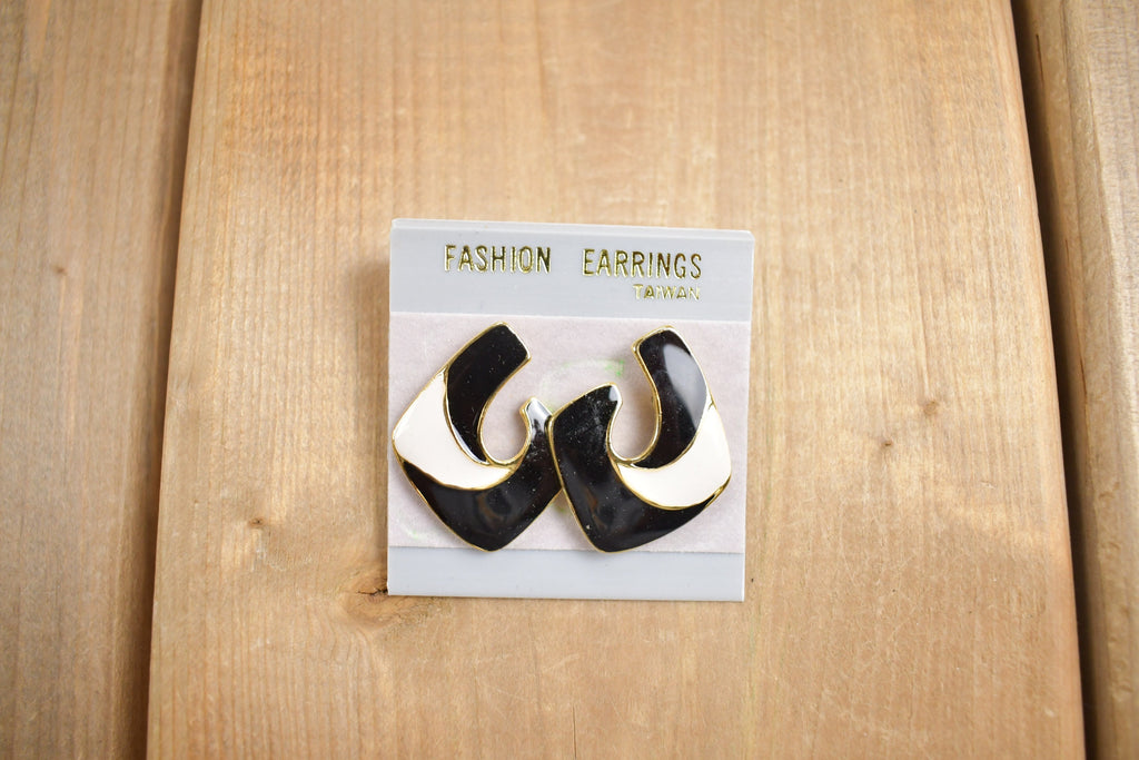 Vintage 1980s Black White & Gold Earrings