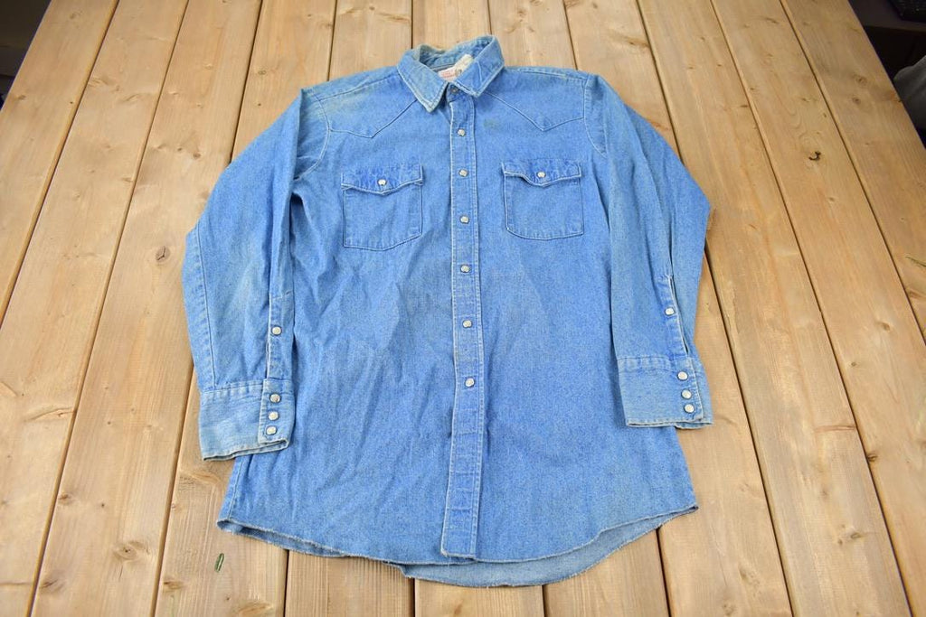 Vintage 1990s Saddle King Western Denim South Western Style Pearl Snap Button Up Rodeo Shirt