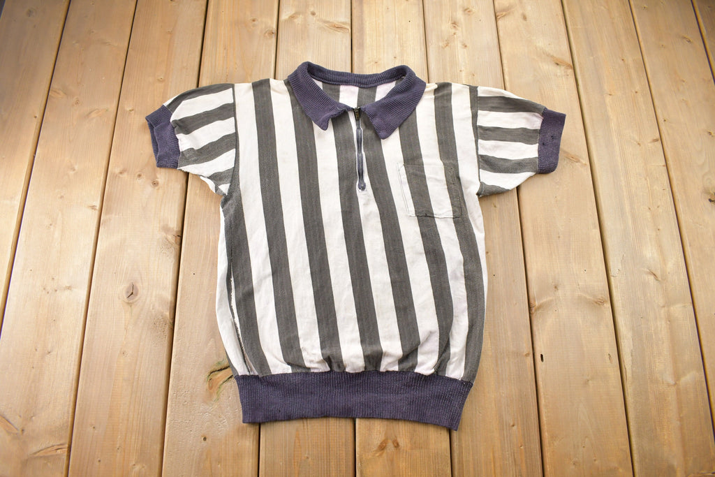 Vintage 1950s Vertical Striped Short Sleeve Quarter Zip Sweater