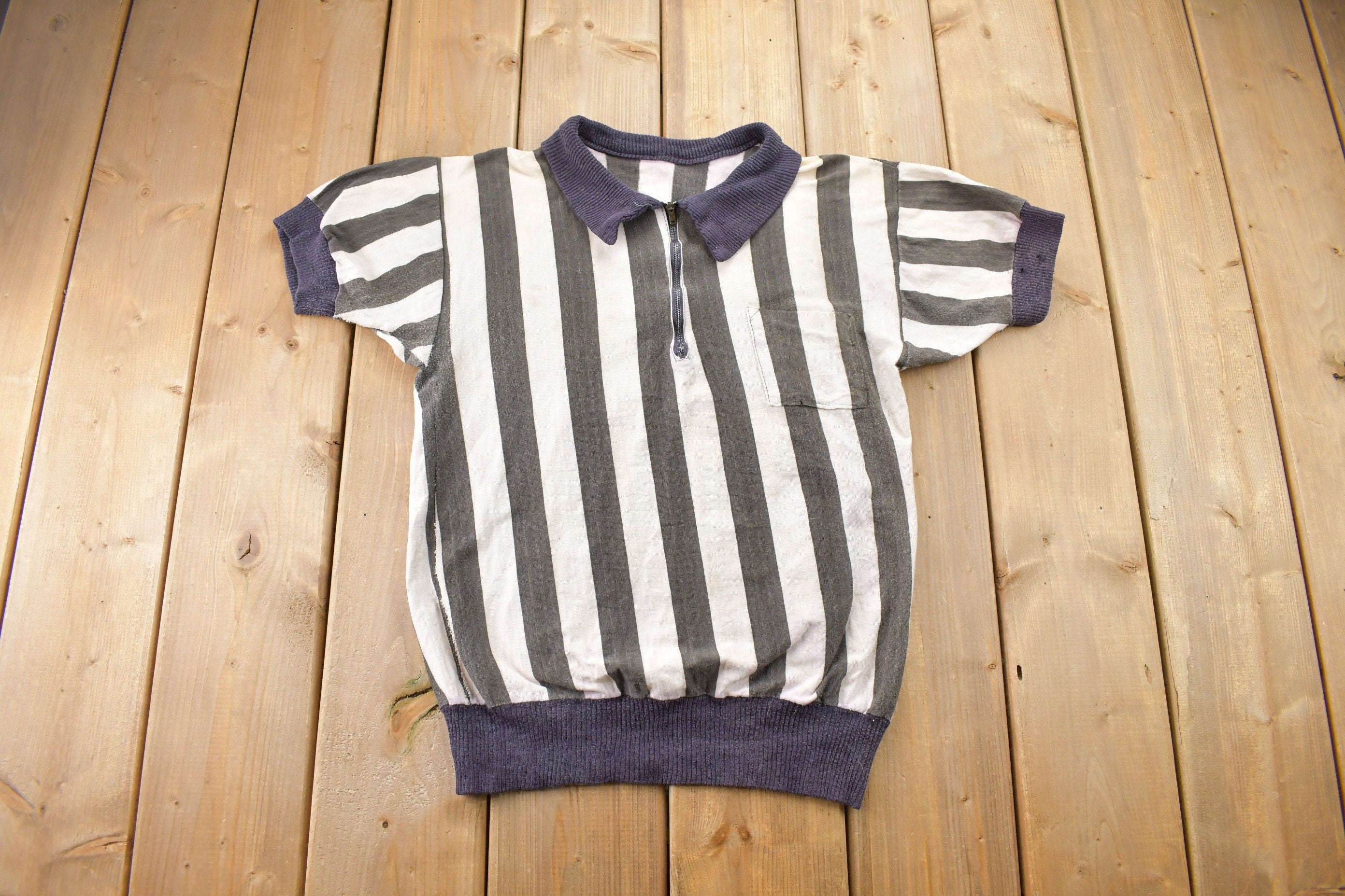 Vintage 1950s Vertical Striped Short Sleeve Quarter Zip Sweater