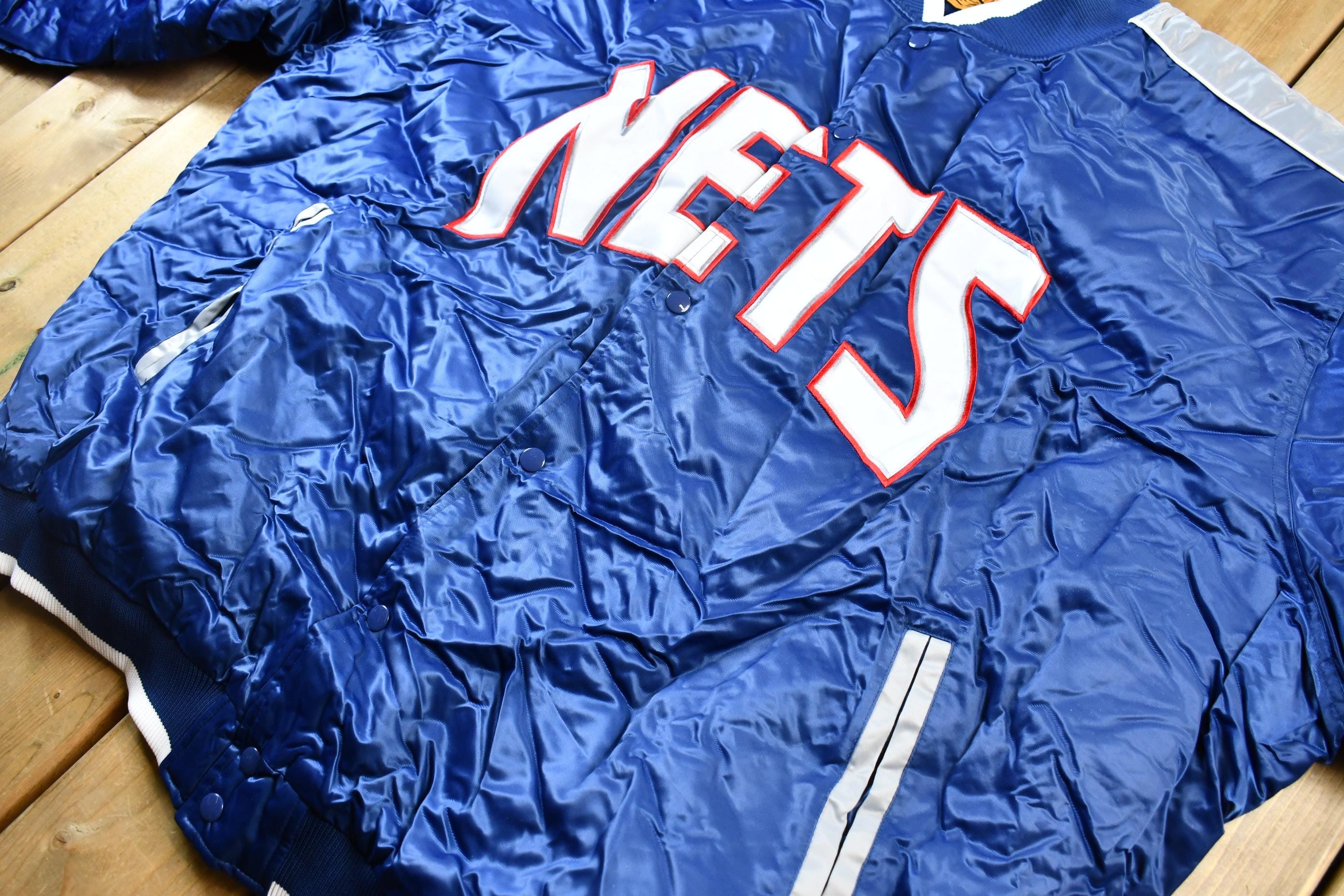 Vintage 1990s Bigman Sports New Jersey Nets NBA Basketball Embroidered Snap Button Satin Bomber Jacket