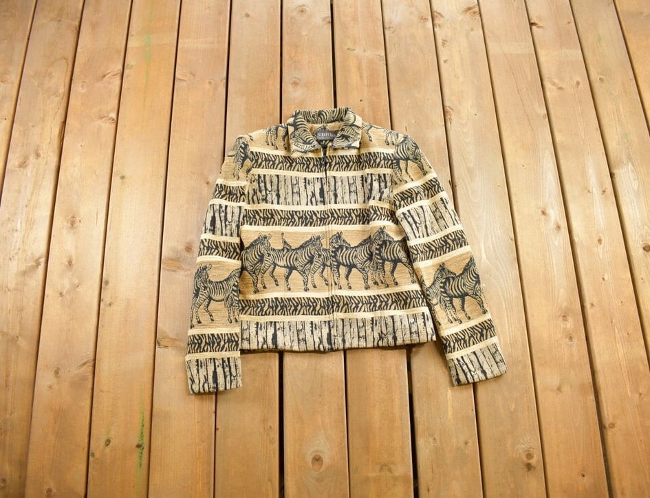 Vintage 1990s Zebra Themed Knit Jacket Zip Up