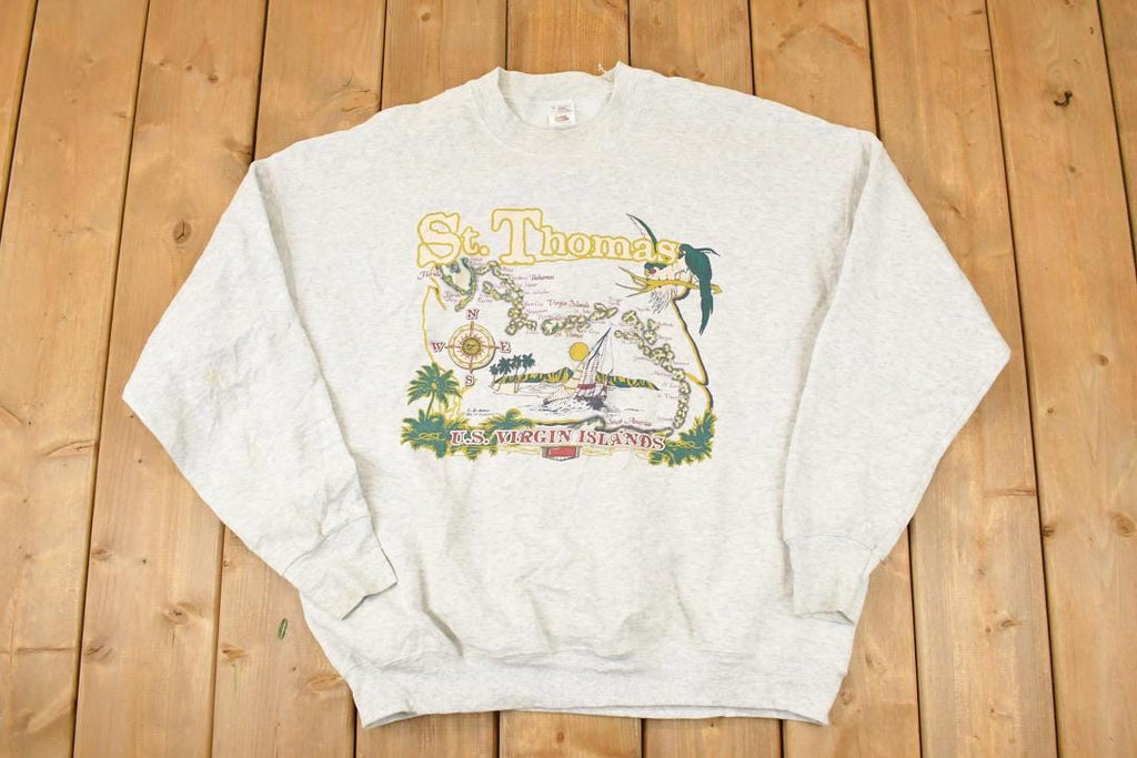 Vintage 1990s St Thomas Virgin Islands Cartoon Map Graphic Print Crewneck Sweatshirt Mens XL