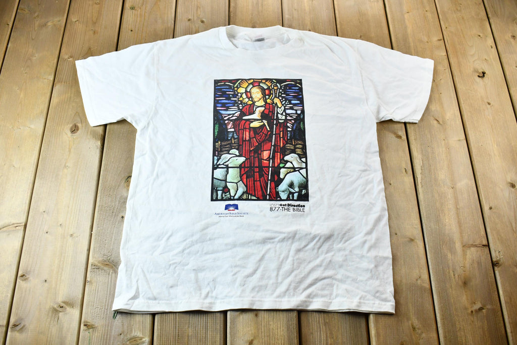 Vintage 1990s American Bible Society Graphic Stained Glass Jesus the Shepherd T-Shirt