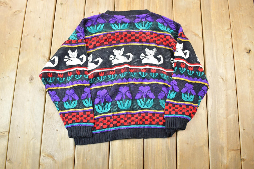 Vintage 1990s rose Embroidered Cat Pattern Knit Crewneck Sweater