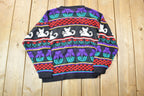 Vintage 1990s rose Embroidered Cat Pattern Knit Crewneck Sweater