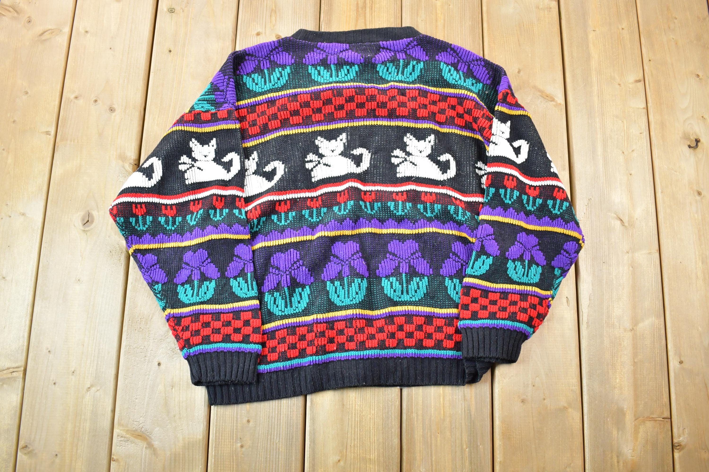 Vintage 1990s rose Embroidered Cat Pattern Knit Crewneck Sweater